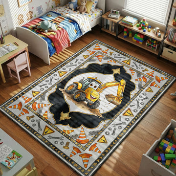 cartoon construction excavator digger truck kids bedroom area rug