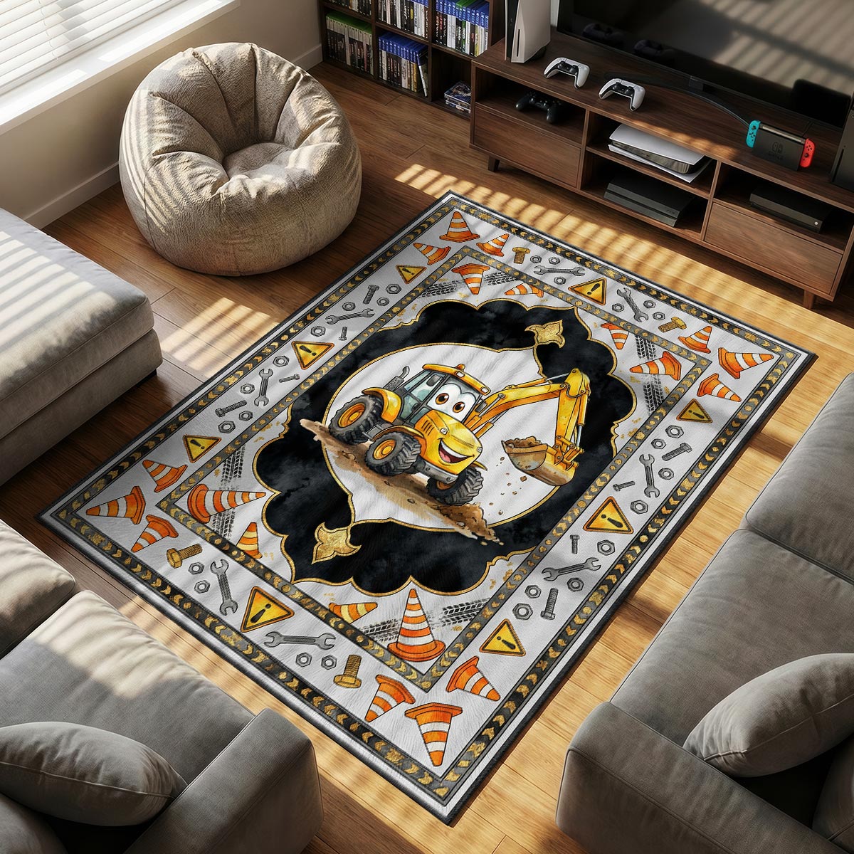 Construction Excavator themed area rug for home decor fans