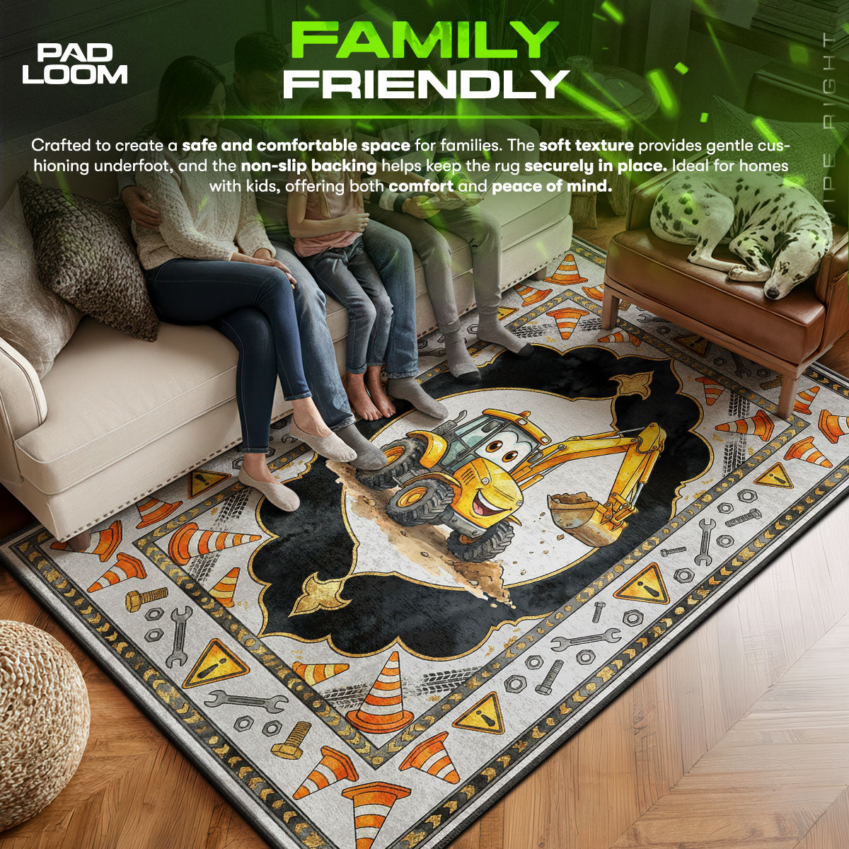 Construction area rug showing full home decor artwork