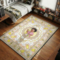 Consuela holding Lemon Pledge and waving no surrounded by rubber gloves and cleaning spray ornate pastel traditional Persian art style movie themed area rug and home theater mat
