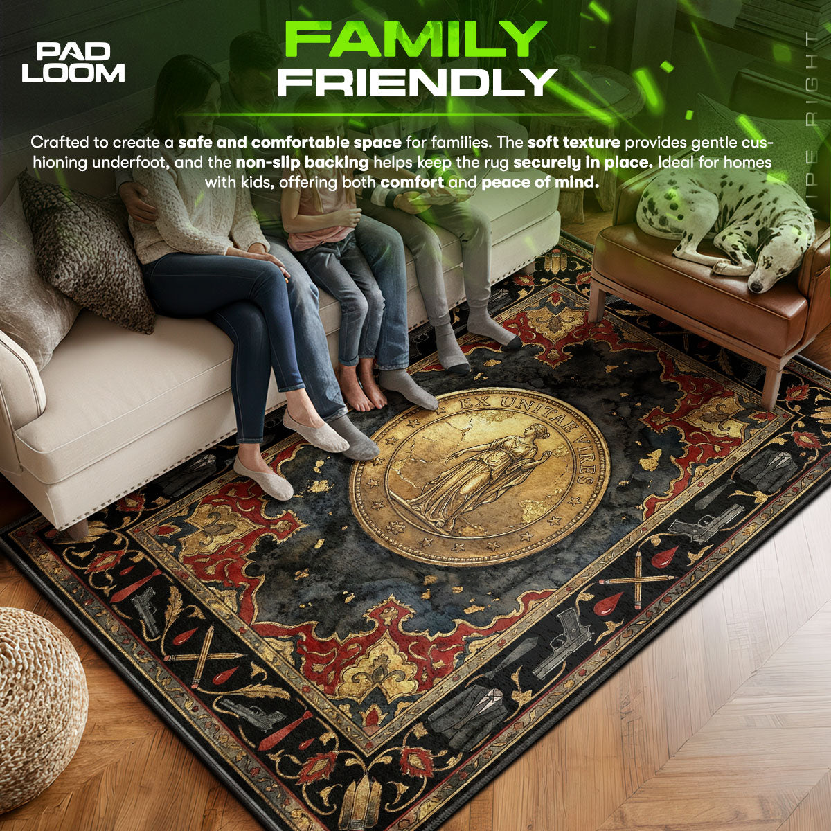 Continental area rug showing full home decor artwork