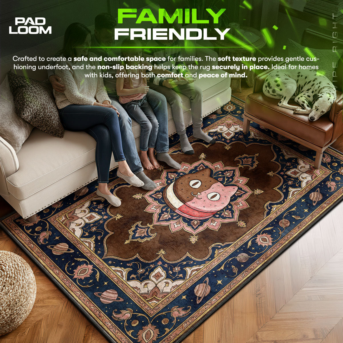 Cookie area rug showing full home decor artwork