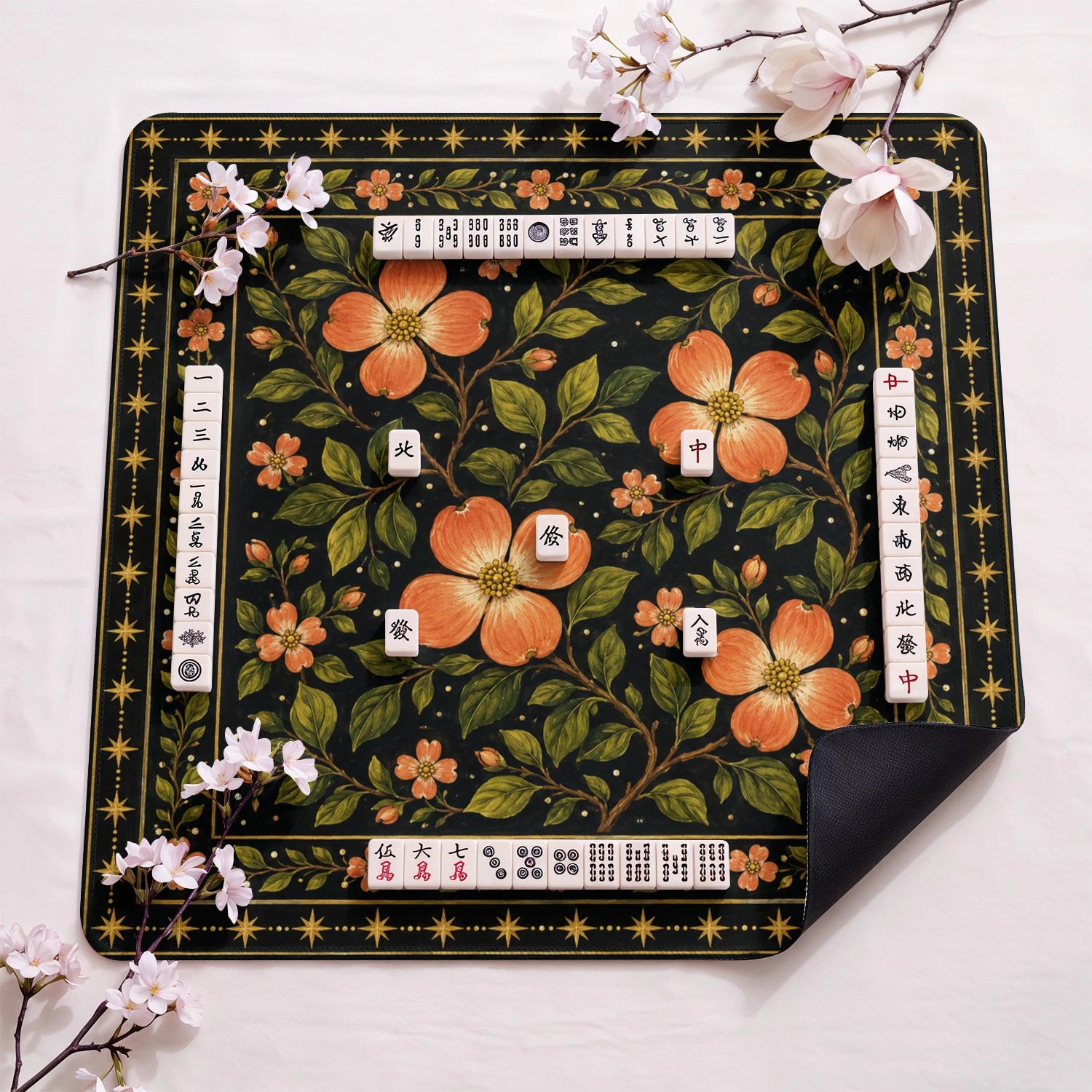 Coral Dogwood design close-up on mahjong mat surface