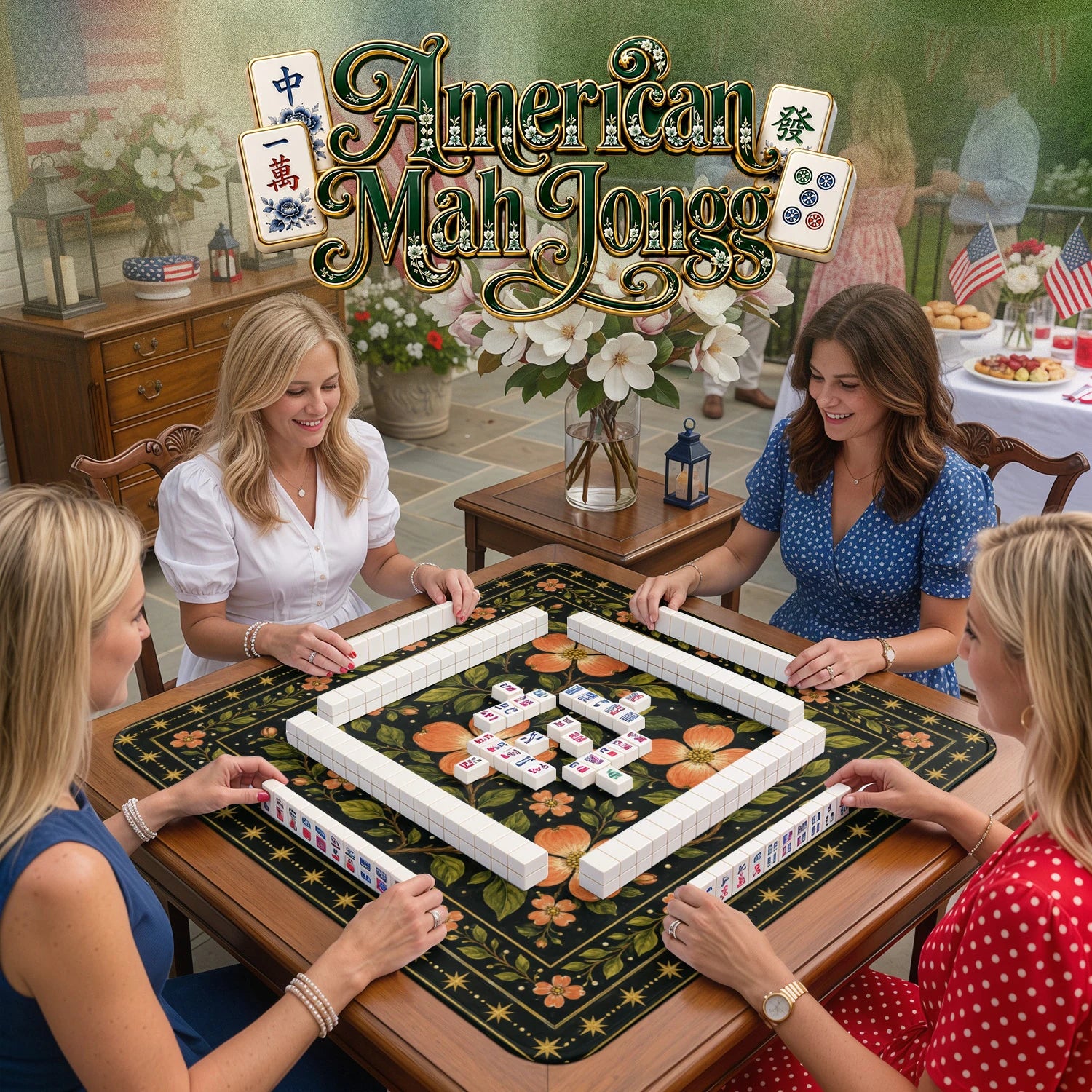 Coral Dogwood – non-slip mahjong table mat detail