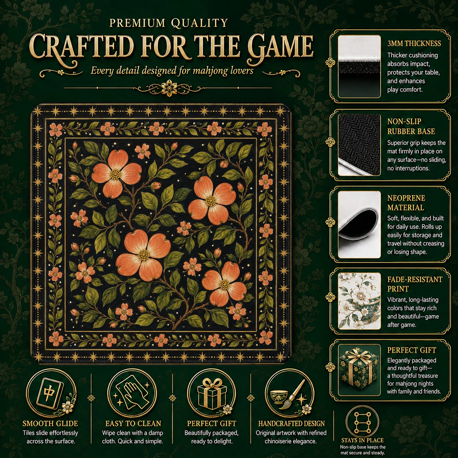 Coral Dogwood Mahjong Mat – neoprene mah jongg table mat