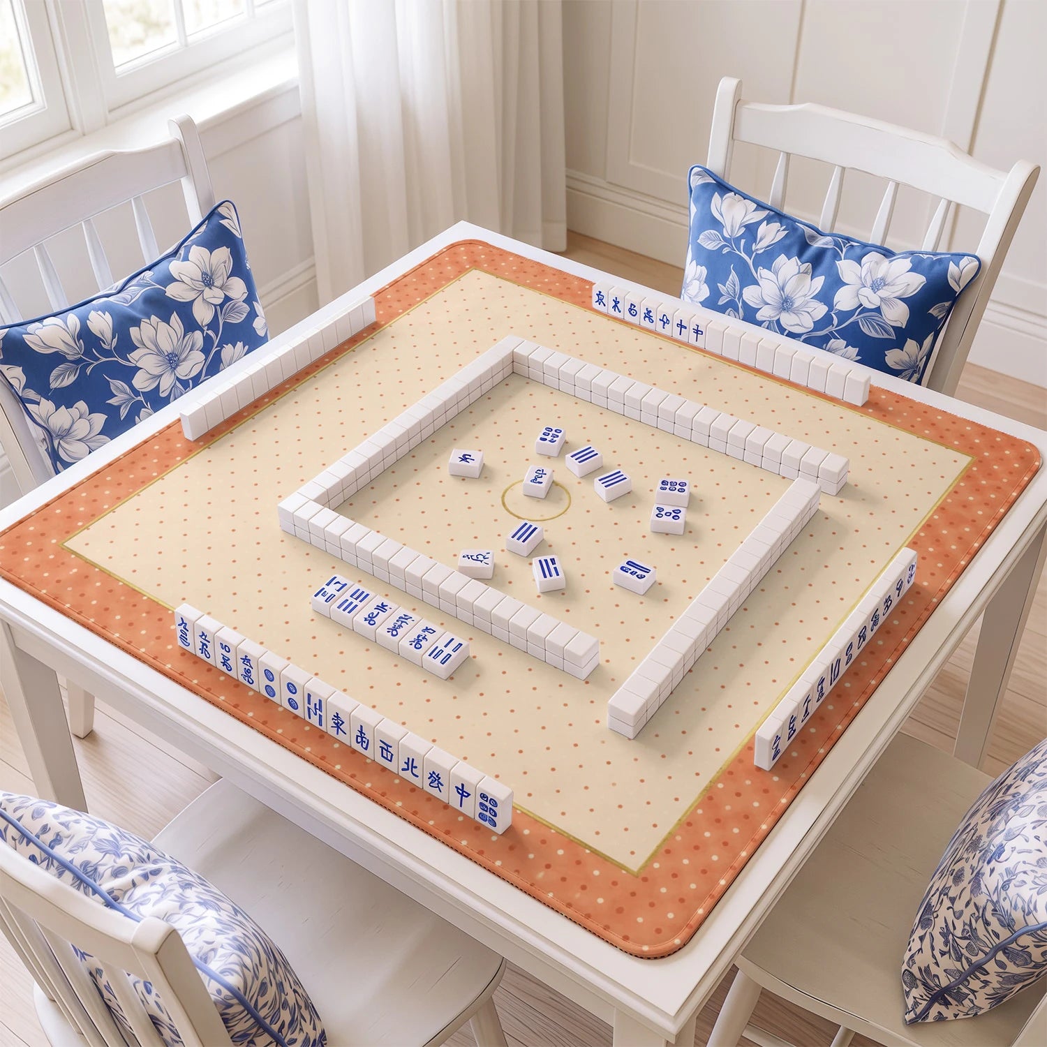Coral Dot mahjong mat with tiles and racks on the table