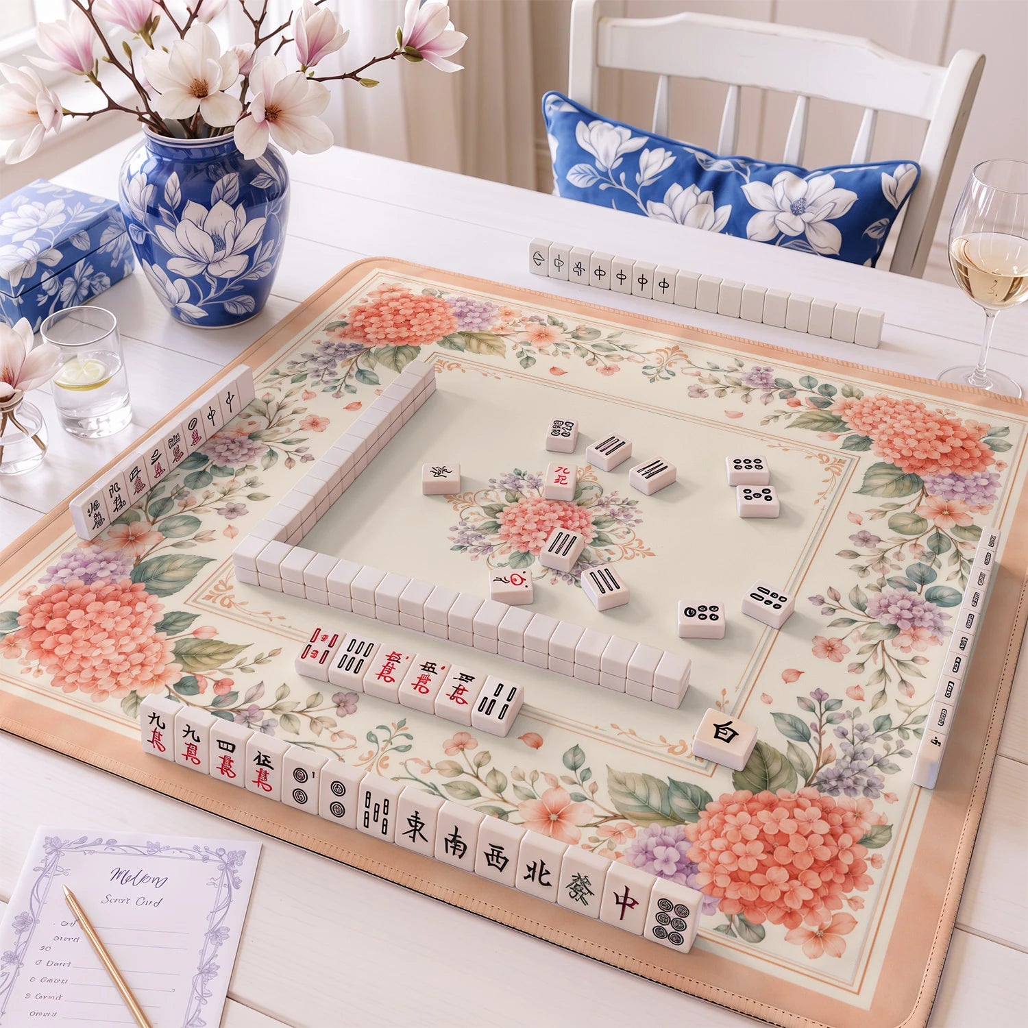 Coral Hydrangea Mahjong Mat - Mah Jongg Mat
