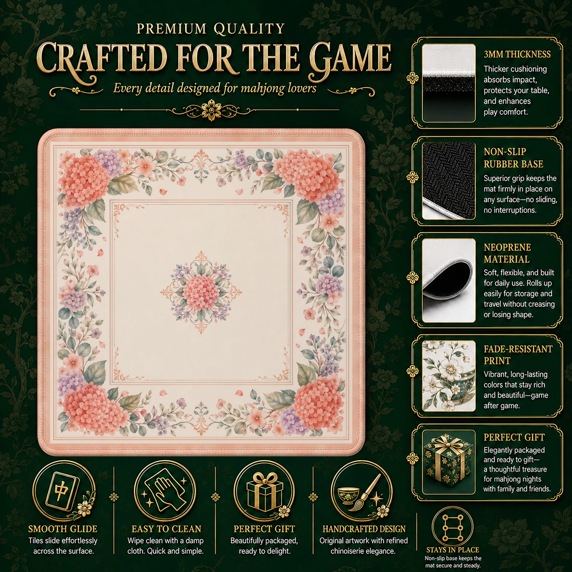 Coral Hydrangea Mahjong Mat - Mah Jongg Mat