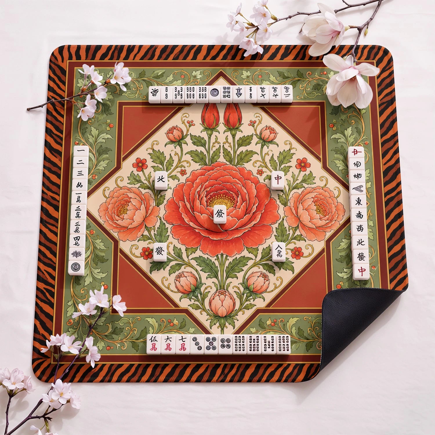 Coral Peony Mahjong Mat - Mah Jongg Table Mat