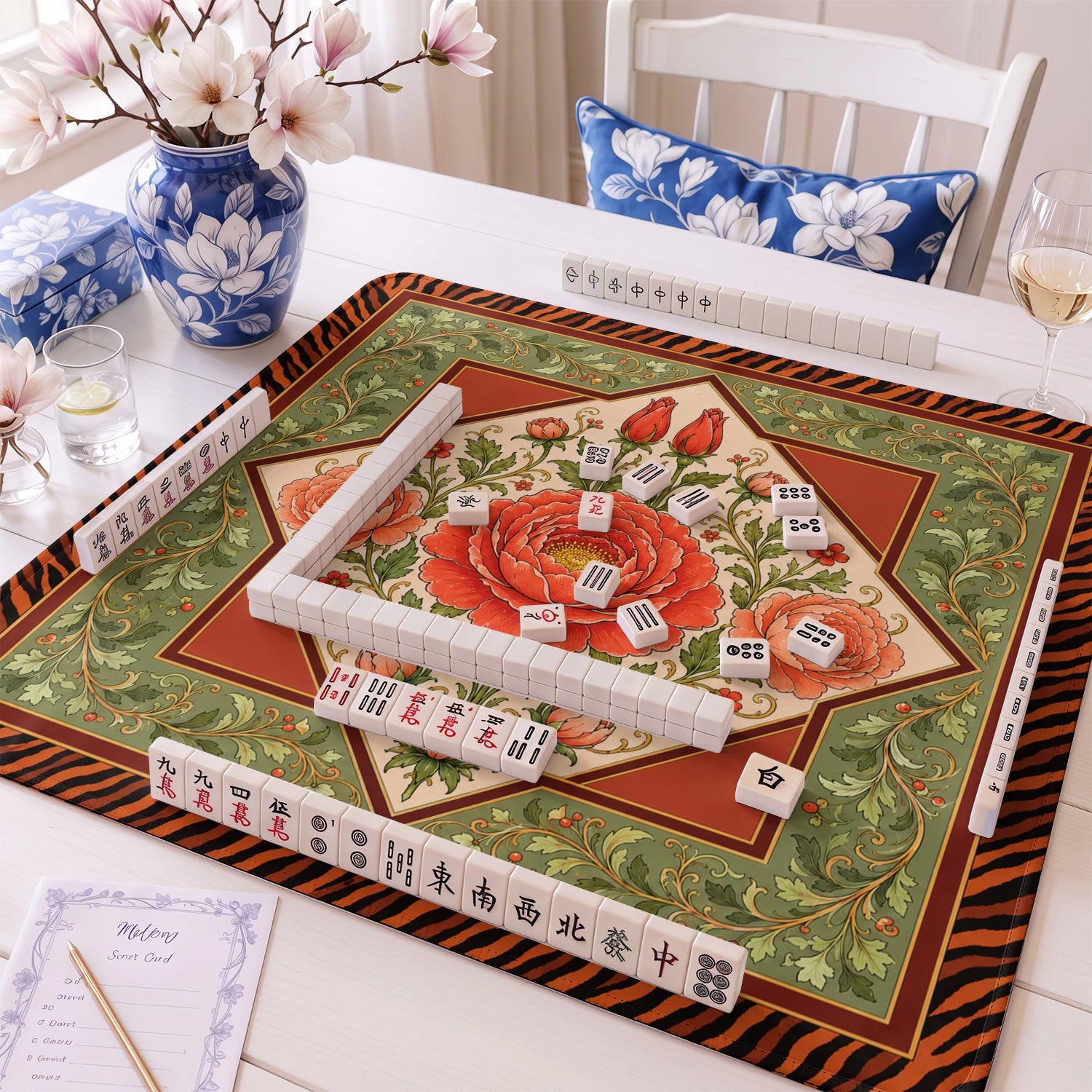 Coral Peony Mahjong Mat - Mah Jongg Table Mat