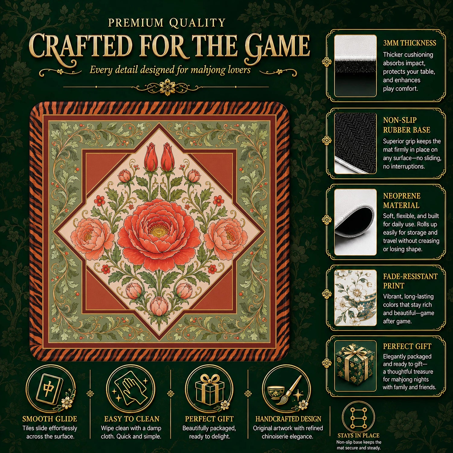 Coral Peony Mahjong Mat - Mah Jongg Table Mat