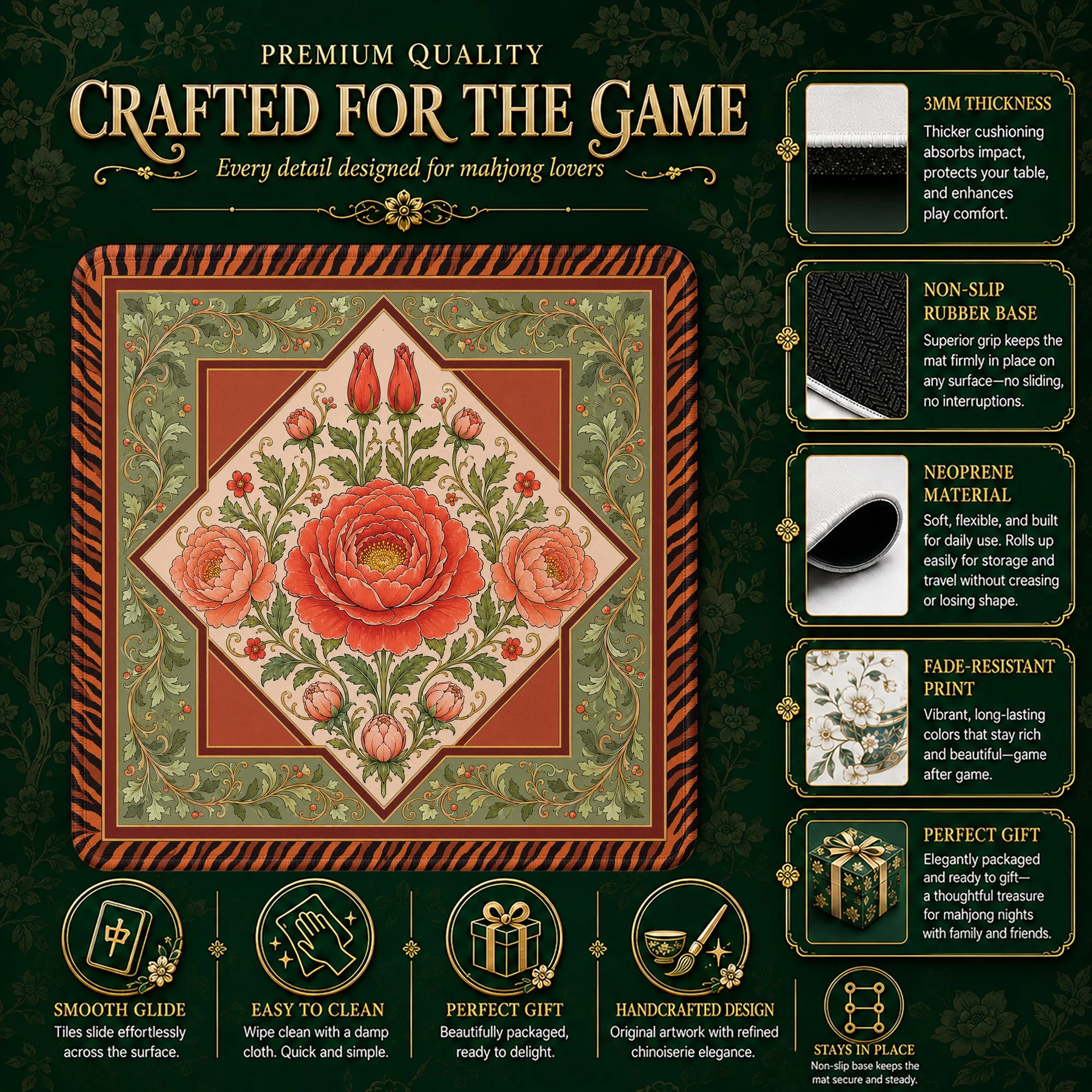 Coral Peony Mahjong Mat - Mah Jongg Table Mat
