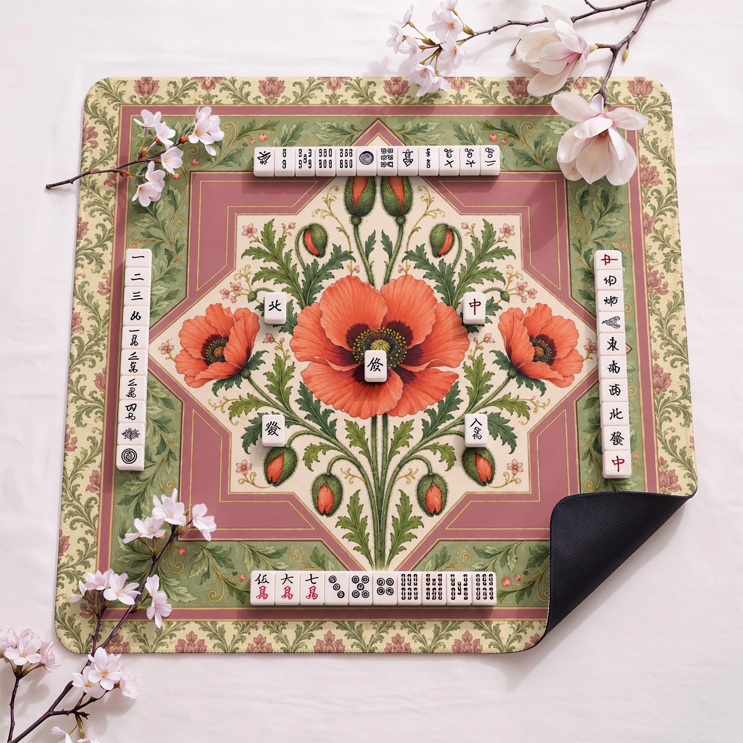 Coral Poppy design close-up on mahjong mat surface