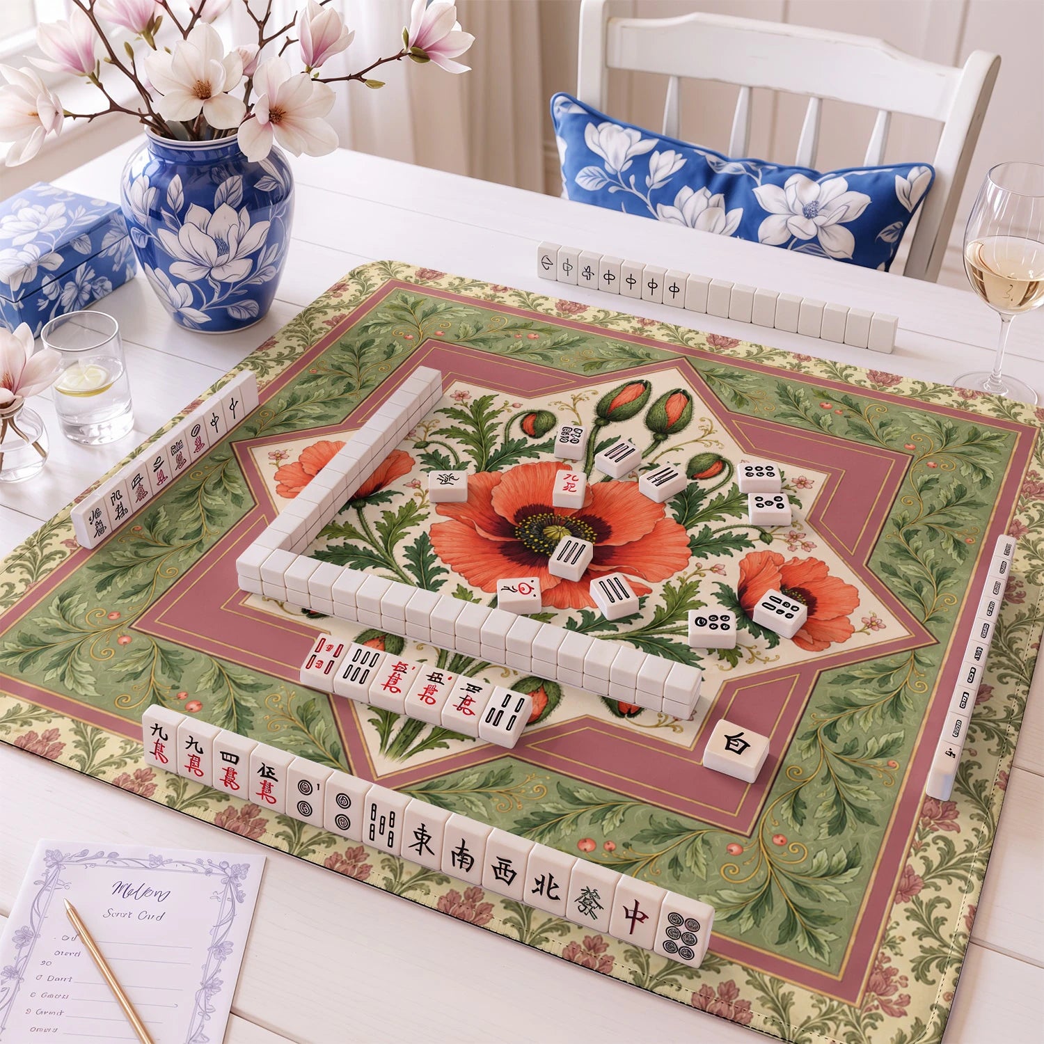 Coral Poppy mahjong mat – M (60x60 cm) and L (81x81 cm) sizes