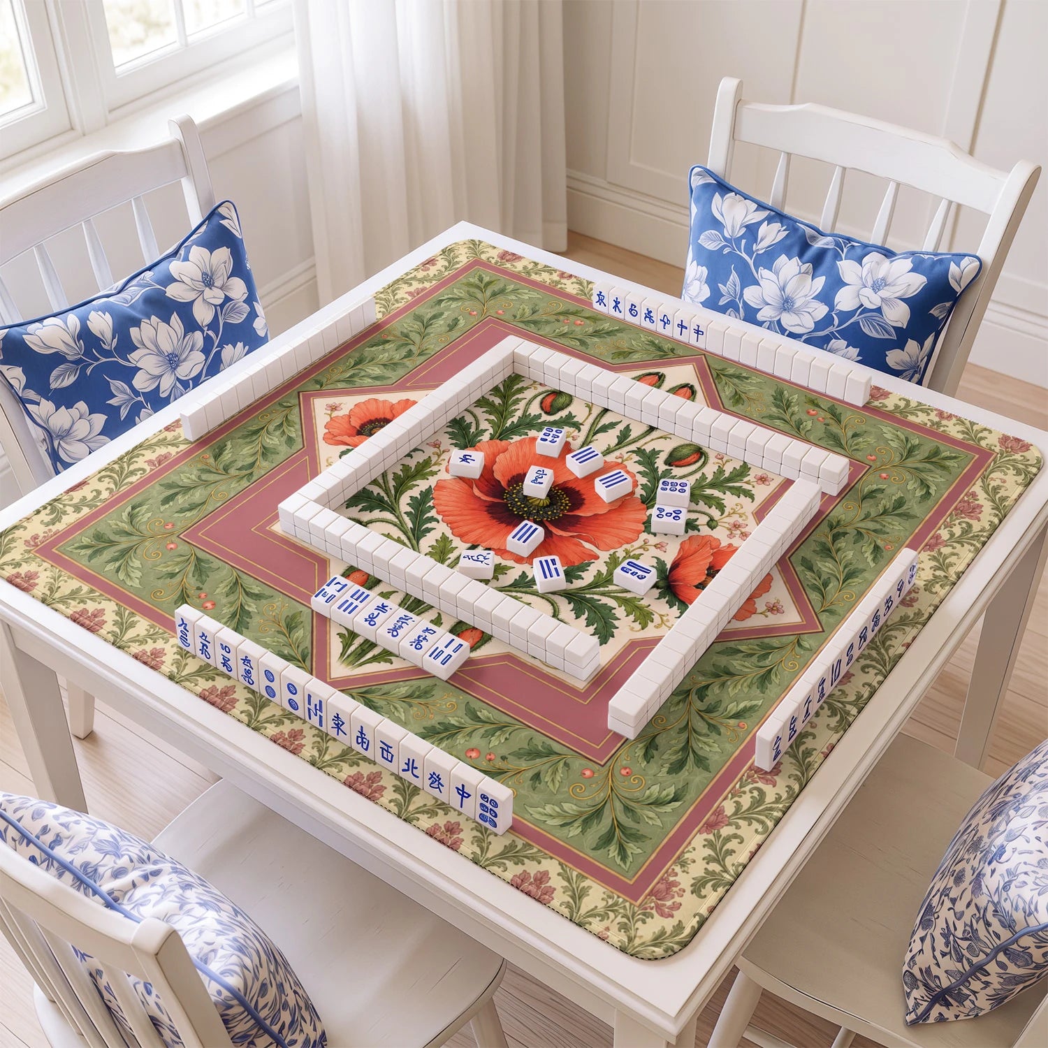 Coral Poppy mahjong mat with tiles and racks on the table