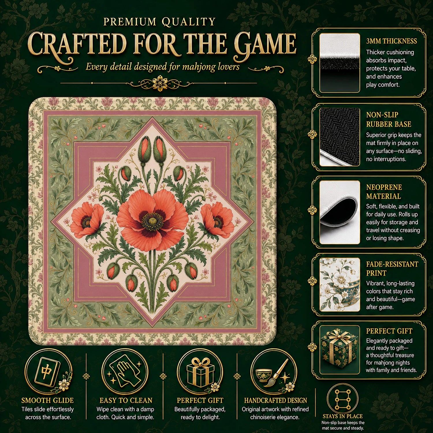 Coral Poppy Mahjong Mat – neoprene mah jongg table mat