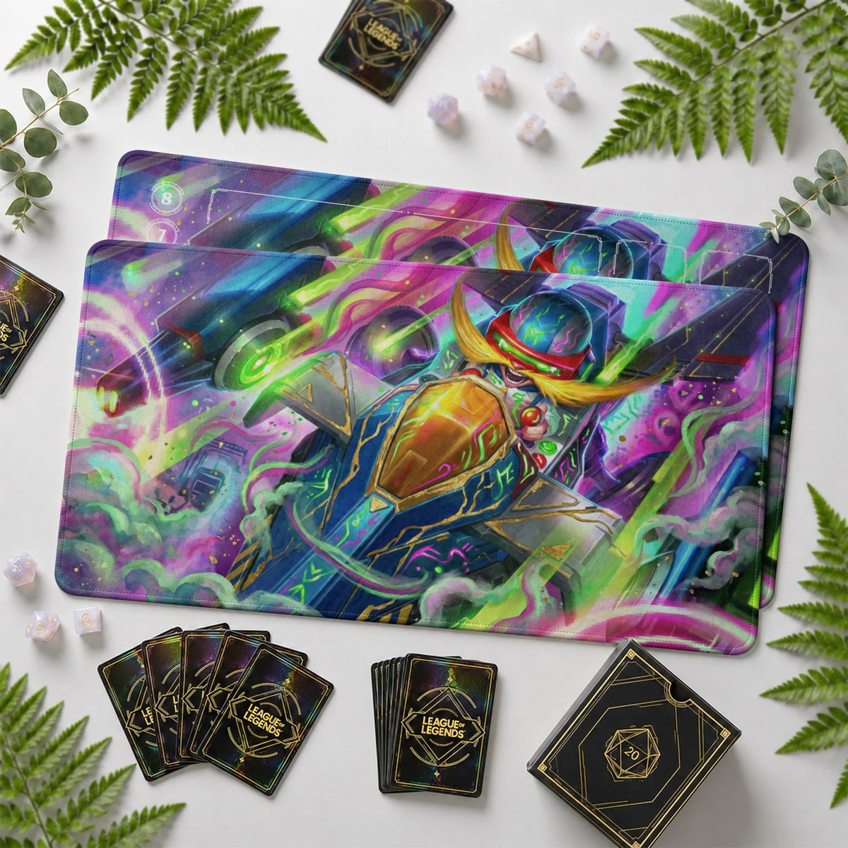 Corki Arcade Riftbound TCG playmat with card zones and score track – LoL game mat