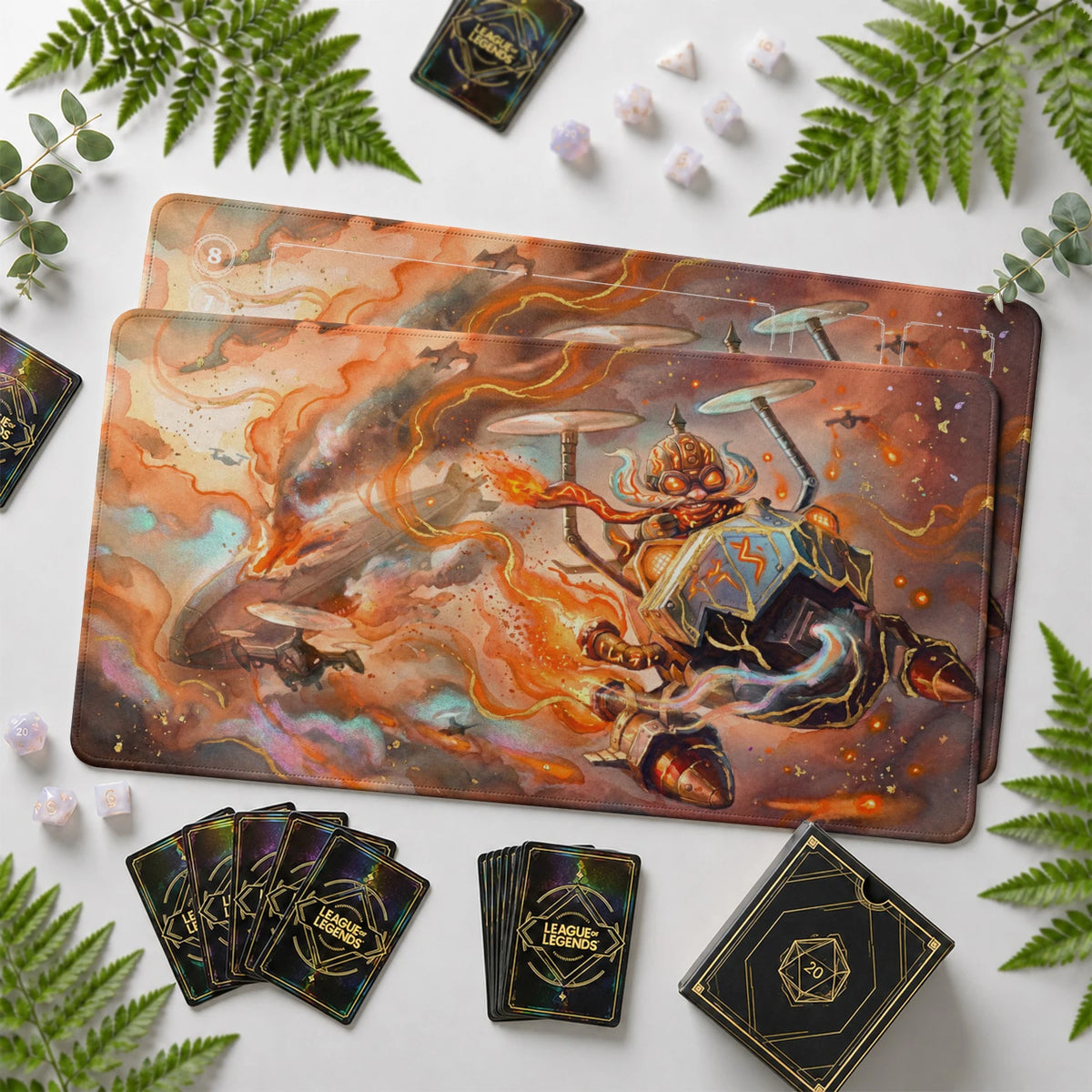Corki Inferno Riftbound TCG playmat with card zones and score track – LoL game mat
