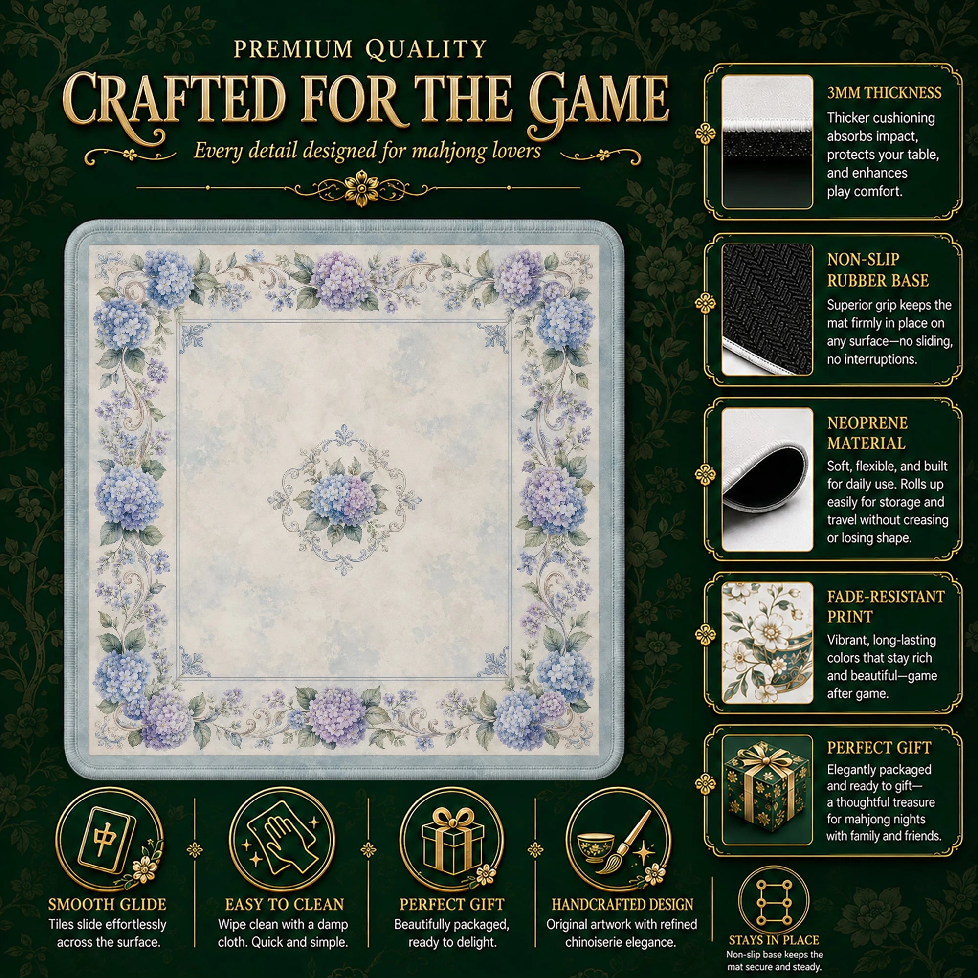 Cornflower Hydrangea Mahjong Mat - Mah Jongg Mat