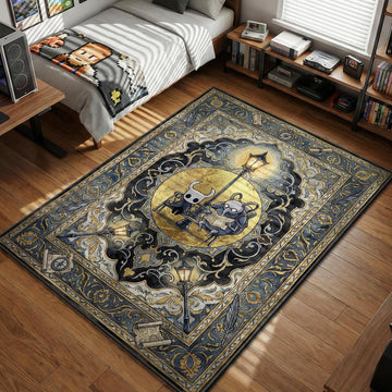 The Knight and Cornifer sitting on a bench under a lamp with map scrolls and compasses watercolor style gaming area rug and floor mat