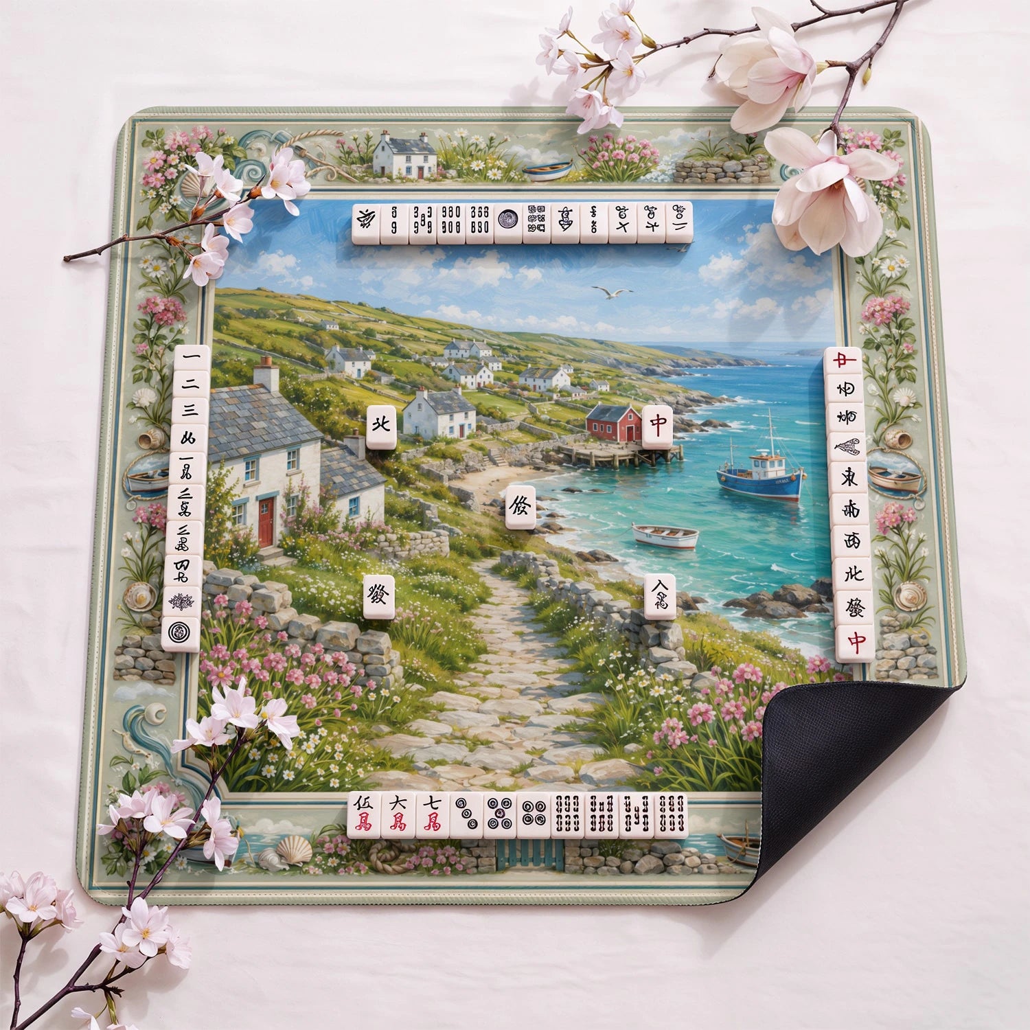 Cornish Cove design close-up on mahjong mat surface