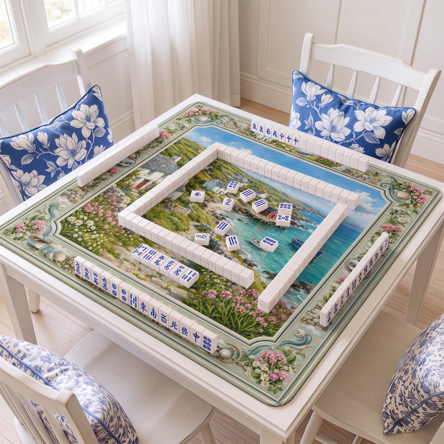 Cornish Cove mahjong mat with tiles and racks on the table