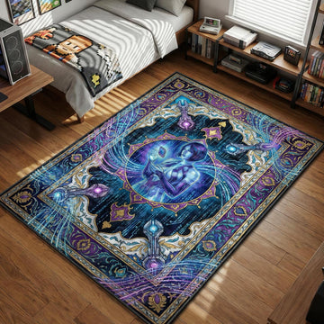 Cortana holographic AI figure holding a data chip surrounded by binary code and gold filigree in a royal tapestry style gaming area rug and floor mat