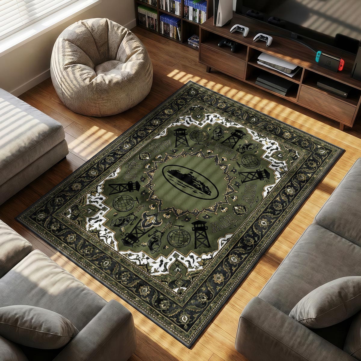 Corteiz Alcatraz themed area rug for home decor fans