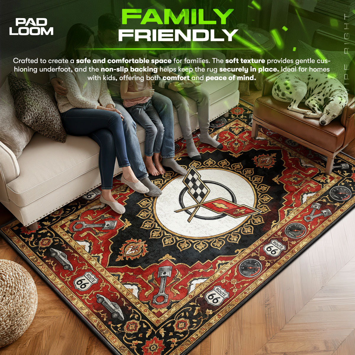 Corvette area rug showing full home decor artwork