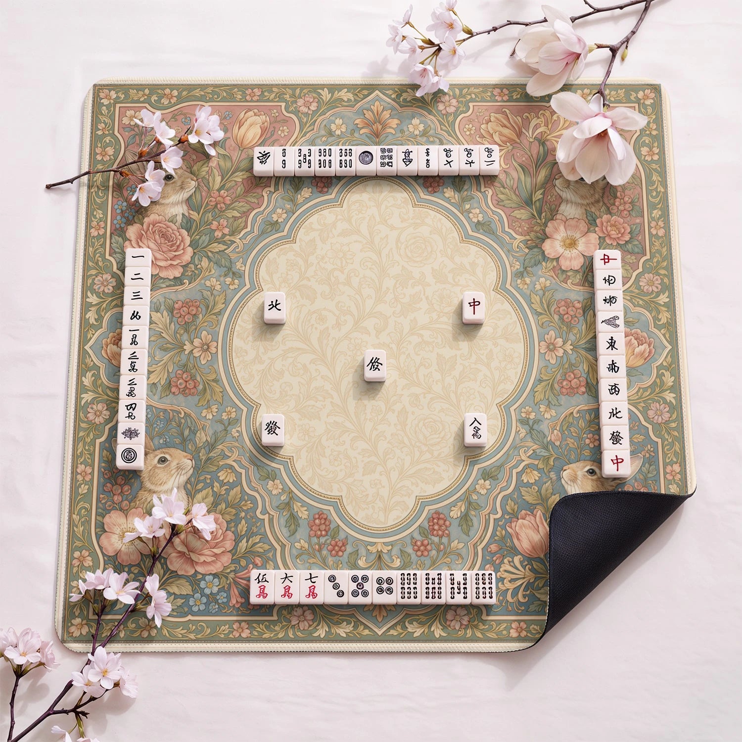 Cottage Rabbit design close-up on mahjong mat surface