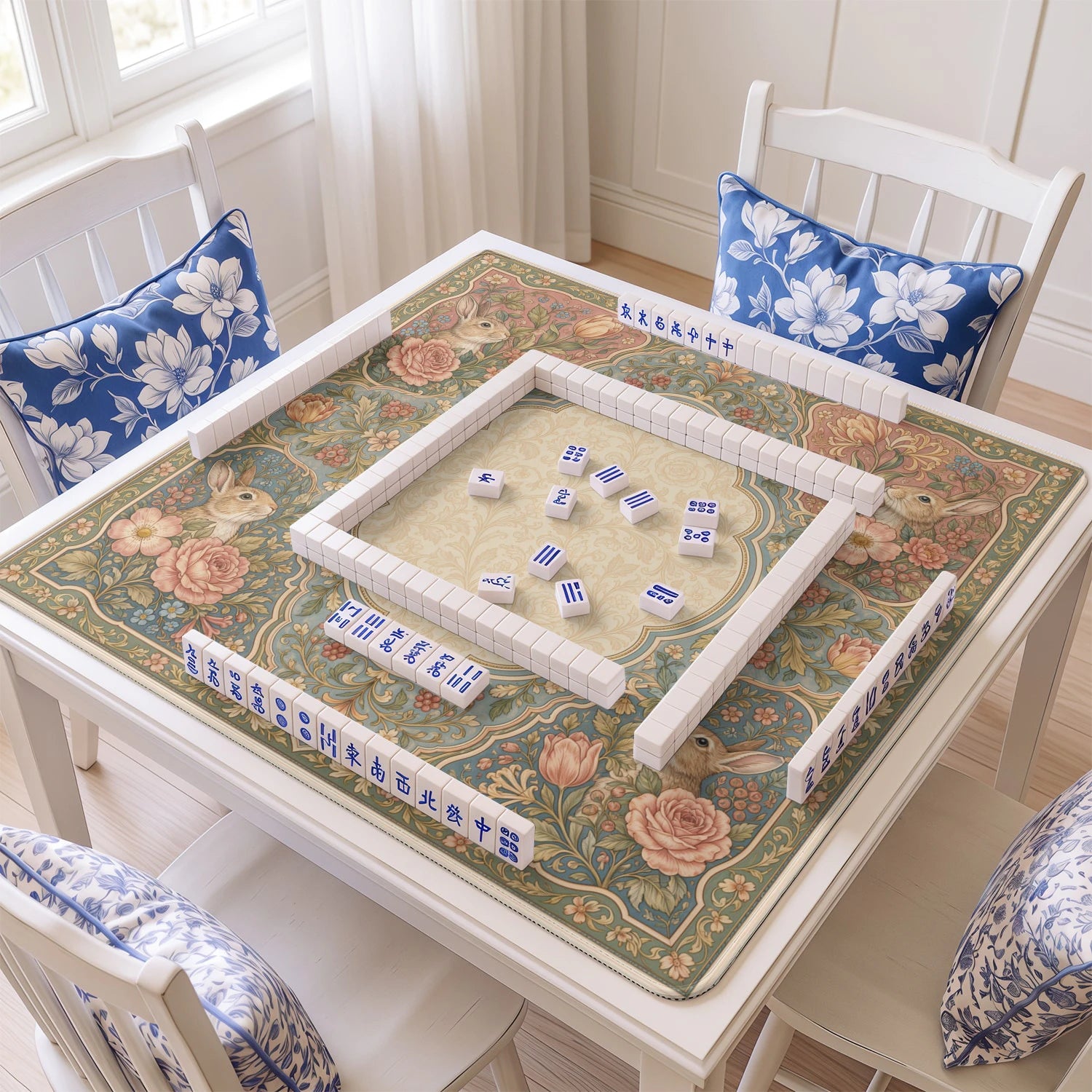Cottage Rabbit mahjong mat with tiles and racks on the table