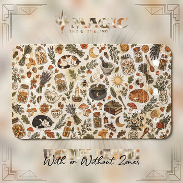 Cottage Witch Herbal MTG playmat, beige and orange art with play zones, 24 x 14 in