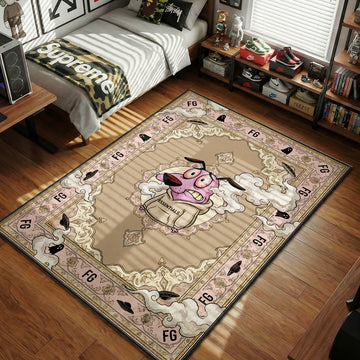 Courage the Cowardly Dog wearing Fear of God Essentials hoodie beige UFO ghost hypebeast area rug
