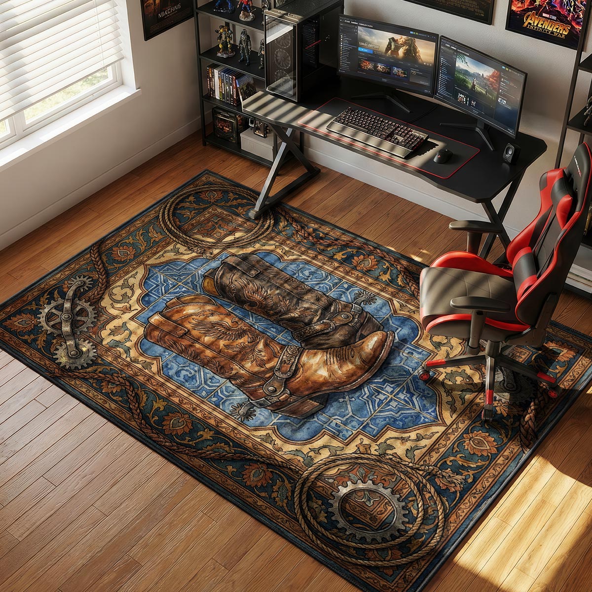 Cowboy boots rug placed in a rustic entryway beside a wooden bench and hat rack