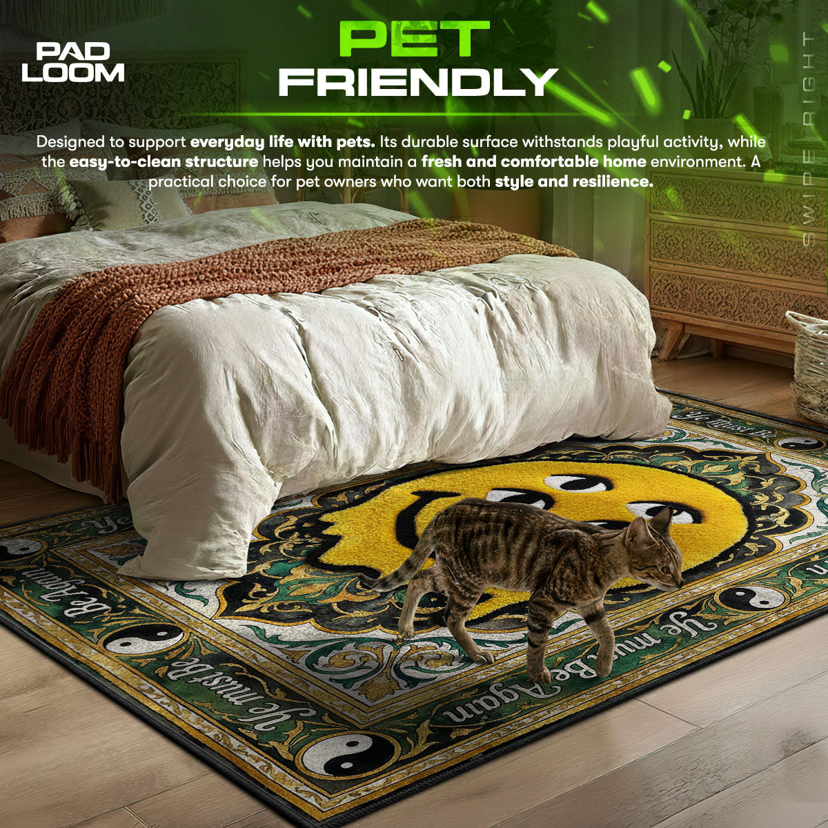 Detailed close-up of CPFM rug pattern