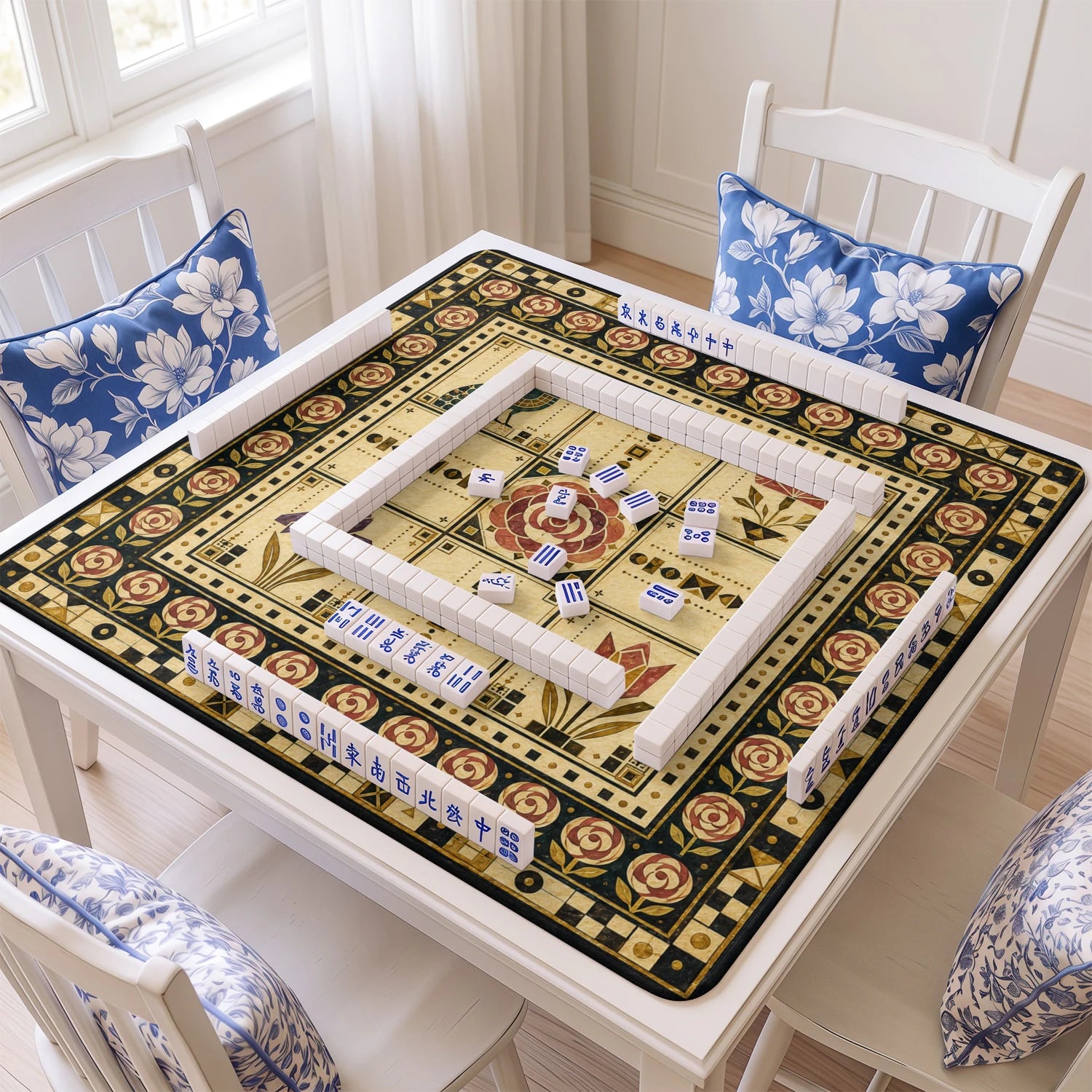Craftsman Tile mahjong mat with tiles and racks on the table