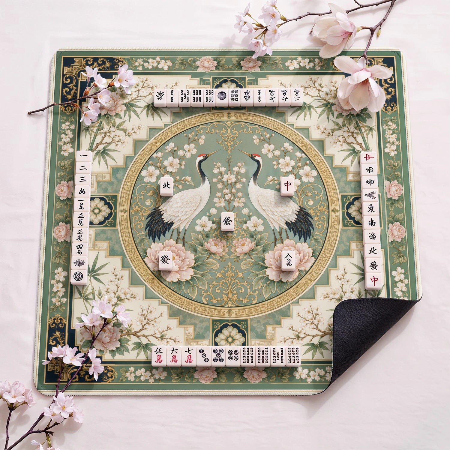 Crane Peony Medallion design close-up on mahjong mat surface