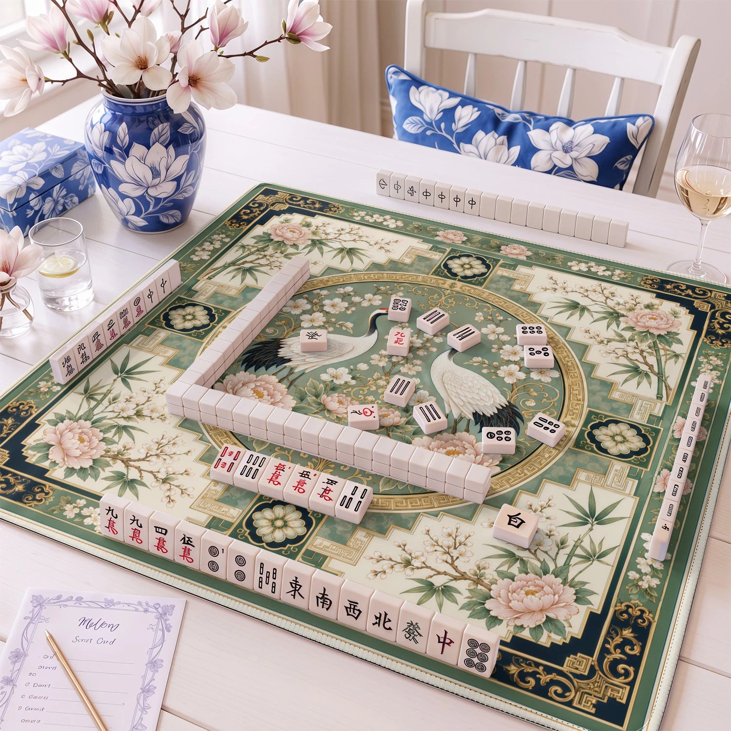 Crane Peony Medallion mahjong mat – M (60x60 cm) and L (81x81 cm) sizes