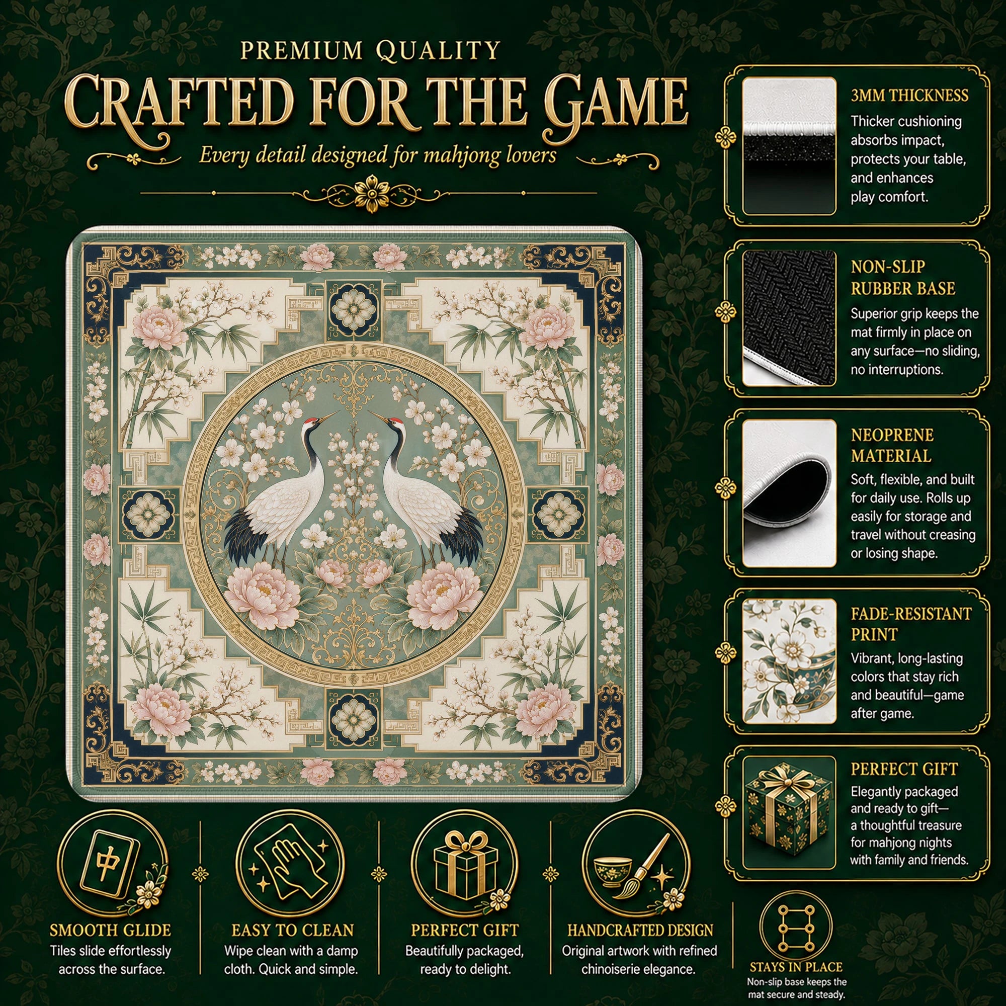 Crane Peony Medallion mahjong mat – M (60x60 cm) and L (81x81 cm) sizes