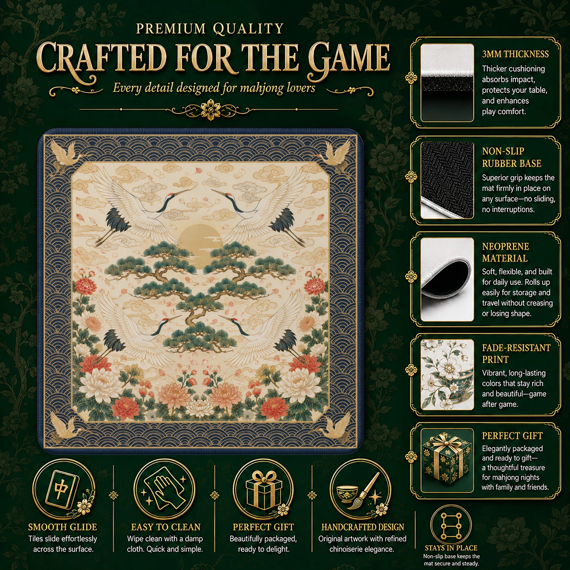 Crane Sunrise Mahjong Mat - Mah Jongg Table Mat