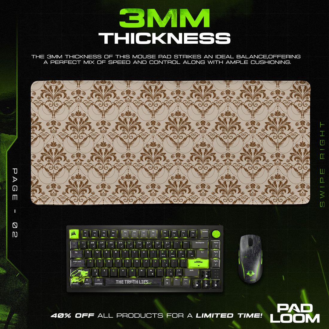 Cream Damask Mouse Pad, Vintage Brown Baroque Gaming Desk Mat