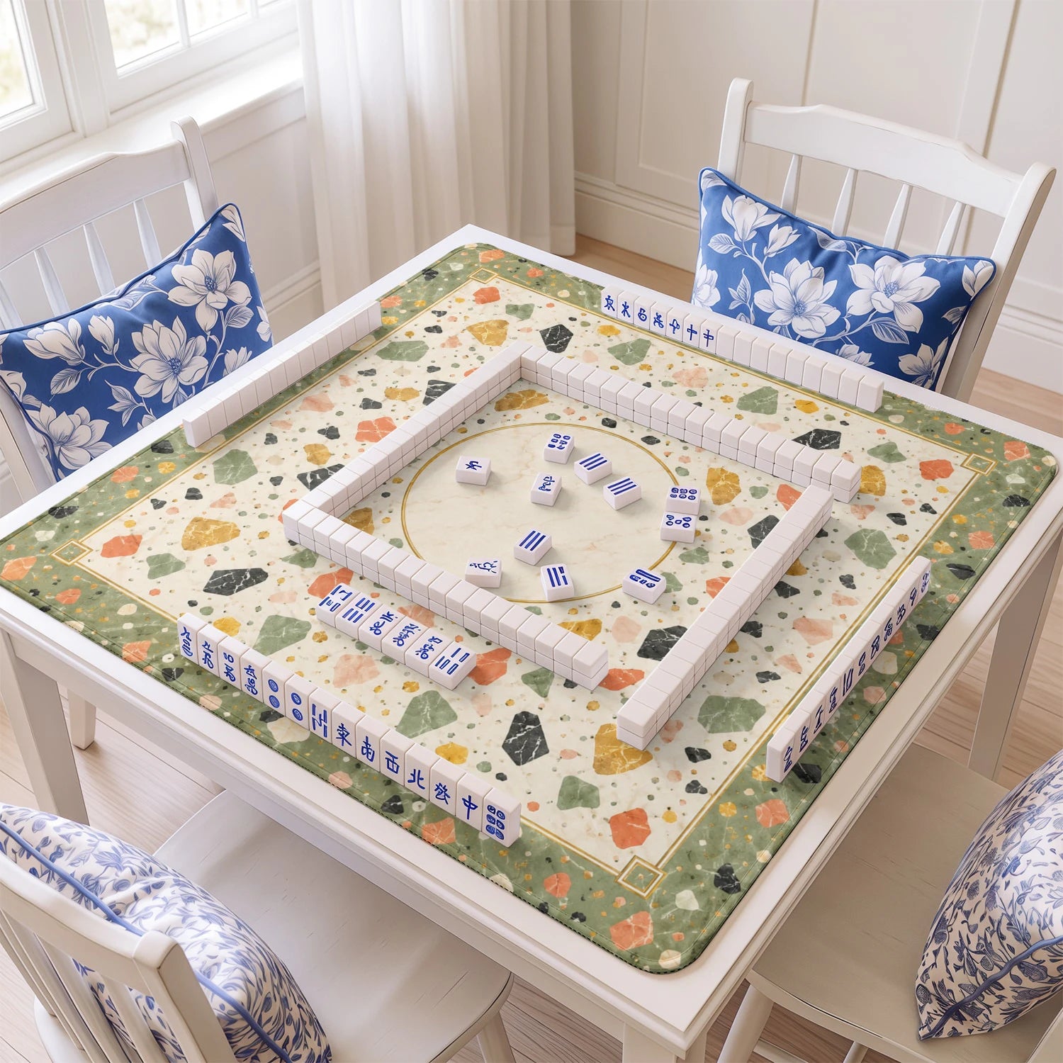 Cream Grid Minimalist mahjong mat with tiles and racks on the table