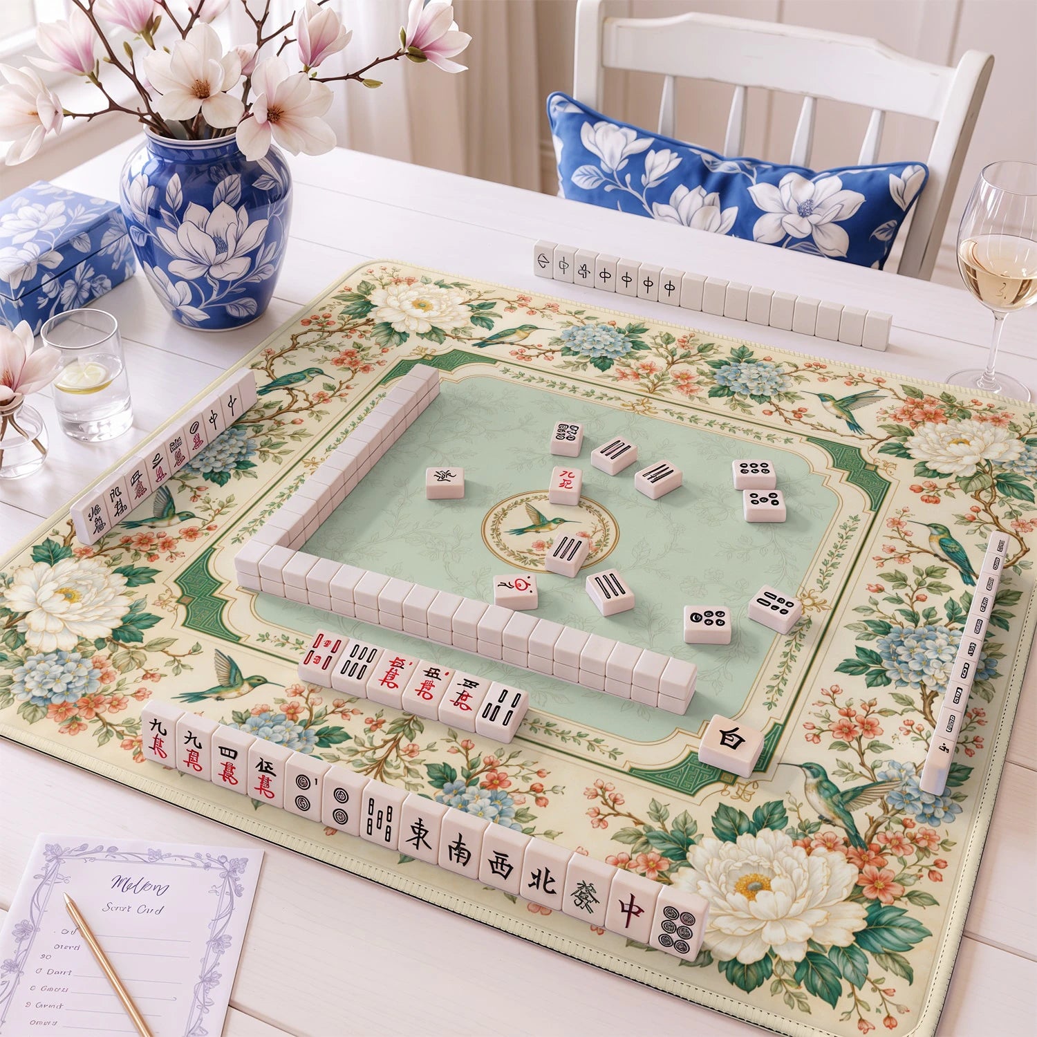 Cream Hummingbird mahjong mat – M (60x60 cm) and L (81x81 cm) sizes