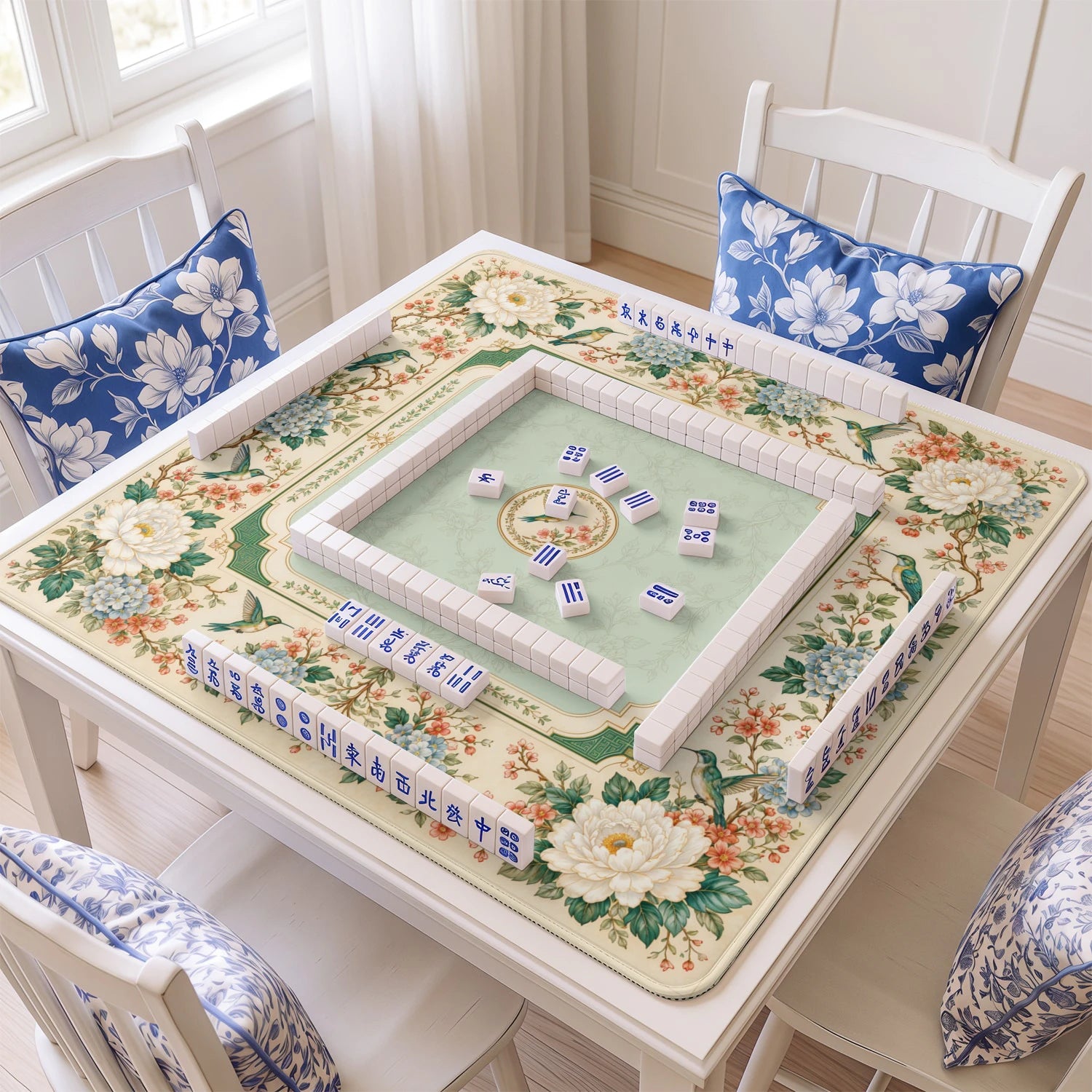 Cream Hummingbird mahjong mat with tiles and racks on the table