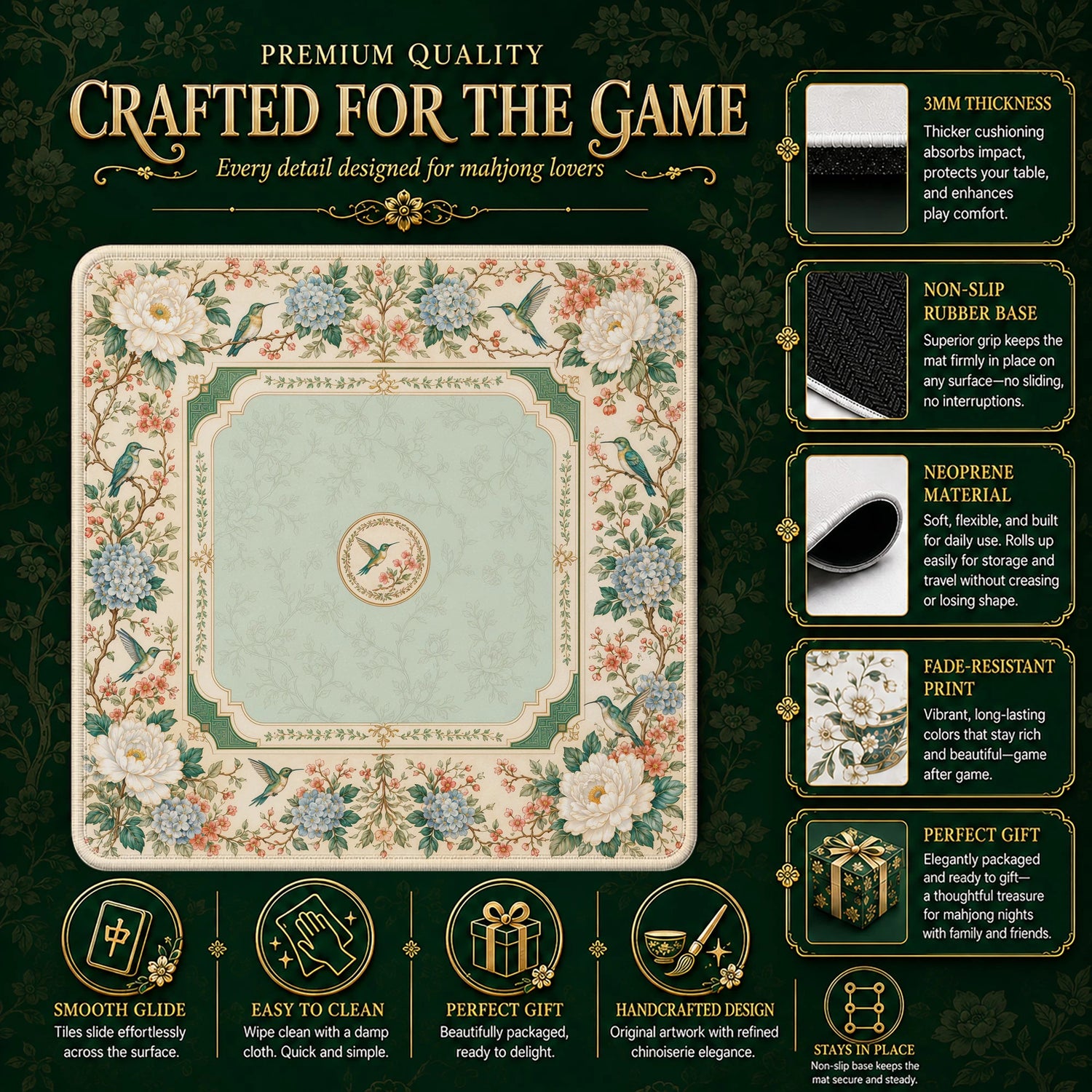 Cream Hummingbird Mahjong Mat – neoprene mah jongg table mat