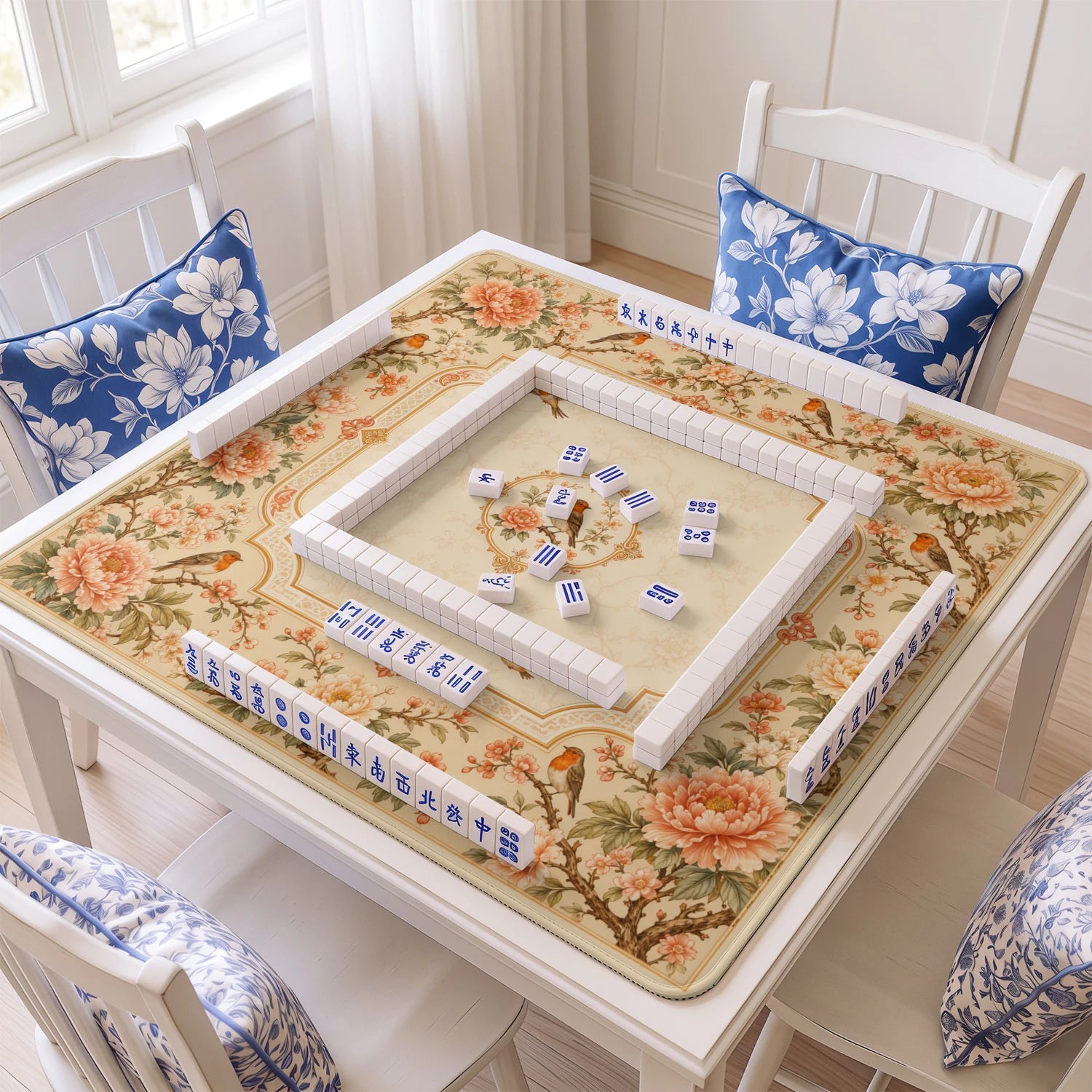 Cream Robin mahjong mat with tiles and racks on the table
