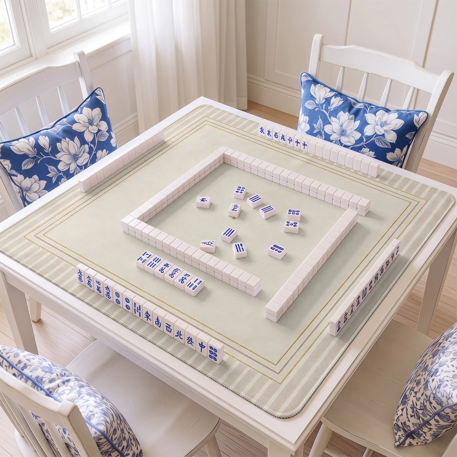 Cream Stripe Minimalist mahjong mat with tiles and racks on the table