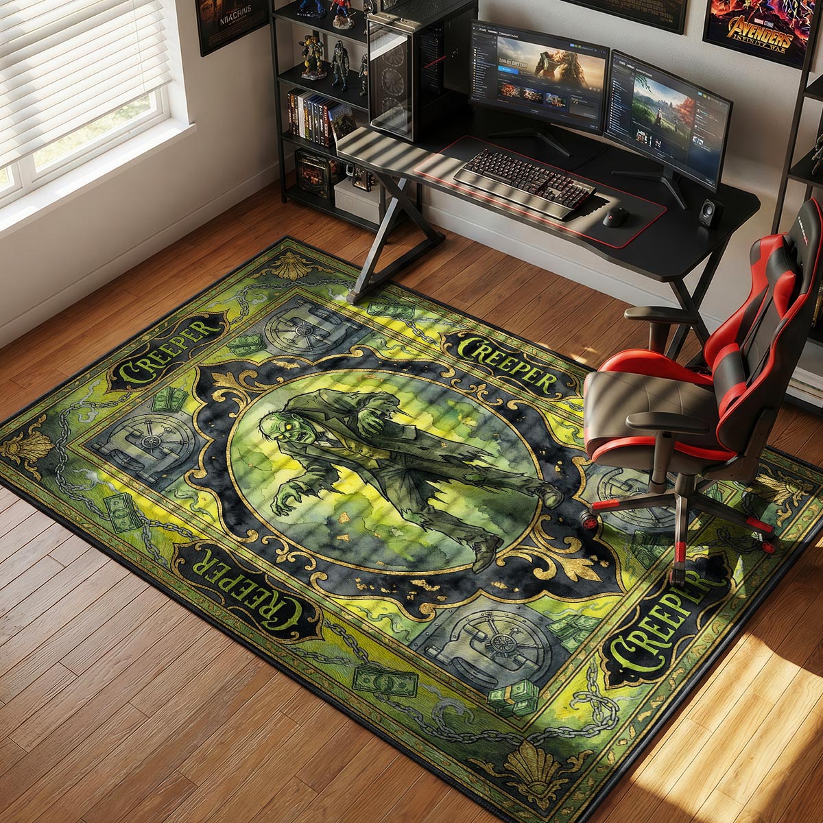 Creeper Scooby-Doo rug placed in a dark game room under ambient green LED lighting
