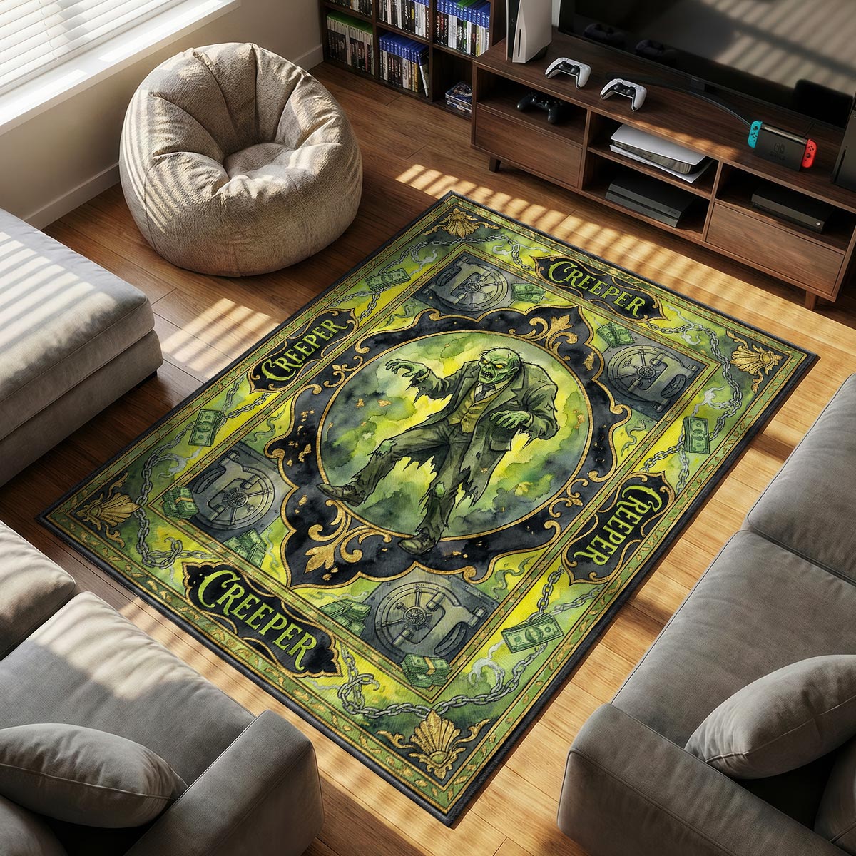 Close-up of Creeper villain area rug showing black and green dye-sublimation detail on velvet