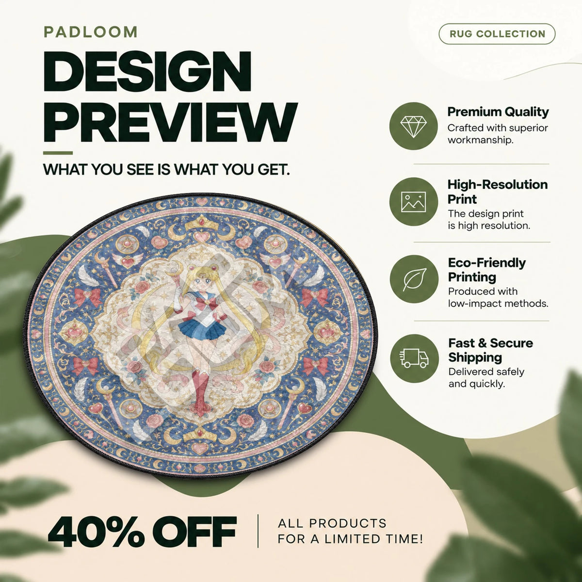 Crescent Wand Sailor Moon round rug full design preview